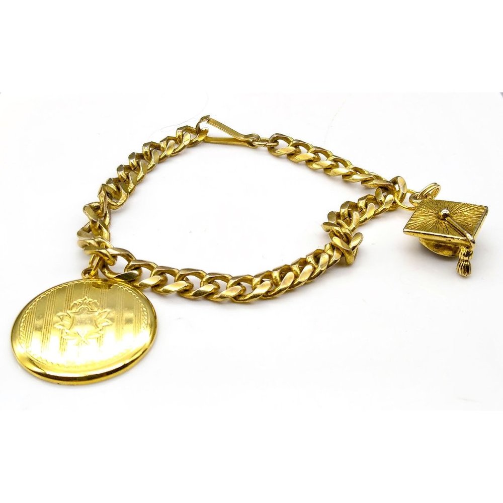 Vintage Starter Charm Bracelet, Gold Tone Links Bangle with 2 Charms, Graduation